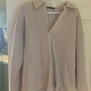 Zara oversized beige tan sweater button collar